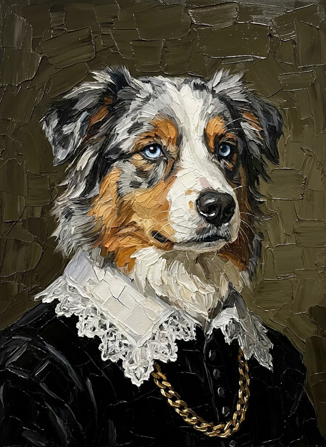Berger australien bleu merle en portrait flamand, habit de velours noir et col de dentelle