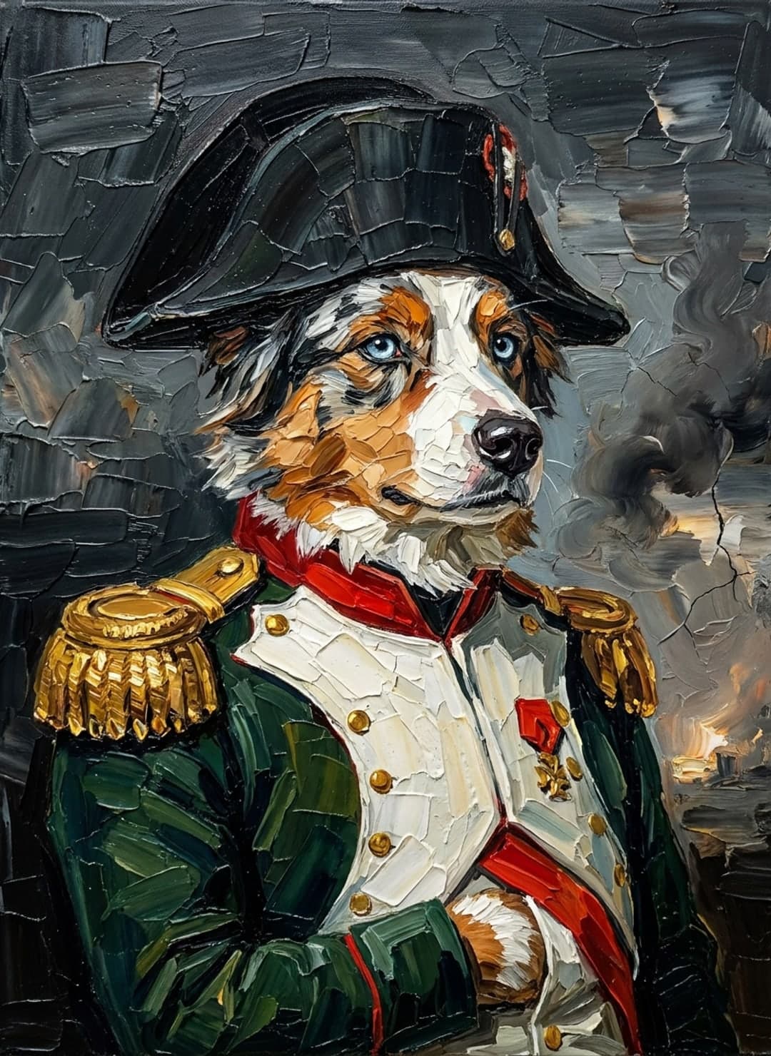 Berger australien bleu merle en commandant d’Empire, bicorne noir et épaulettes d’or