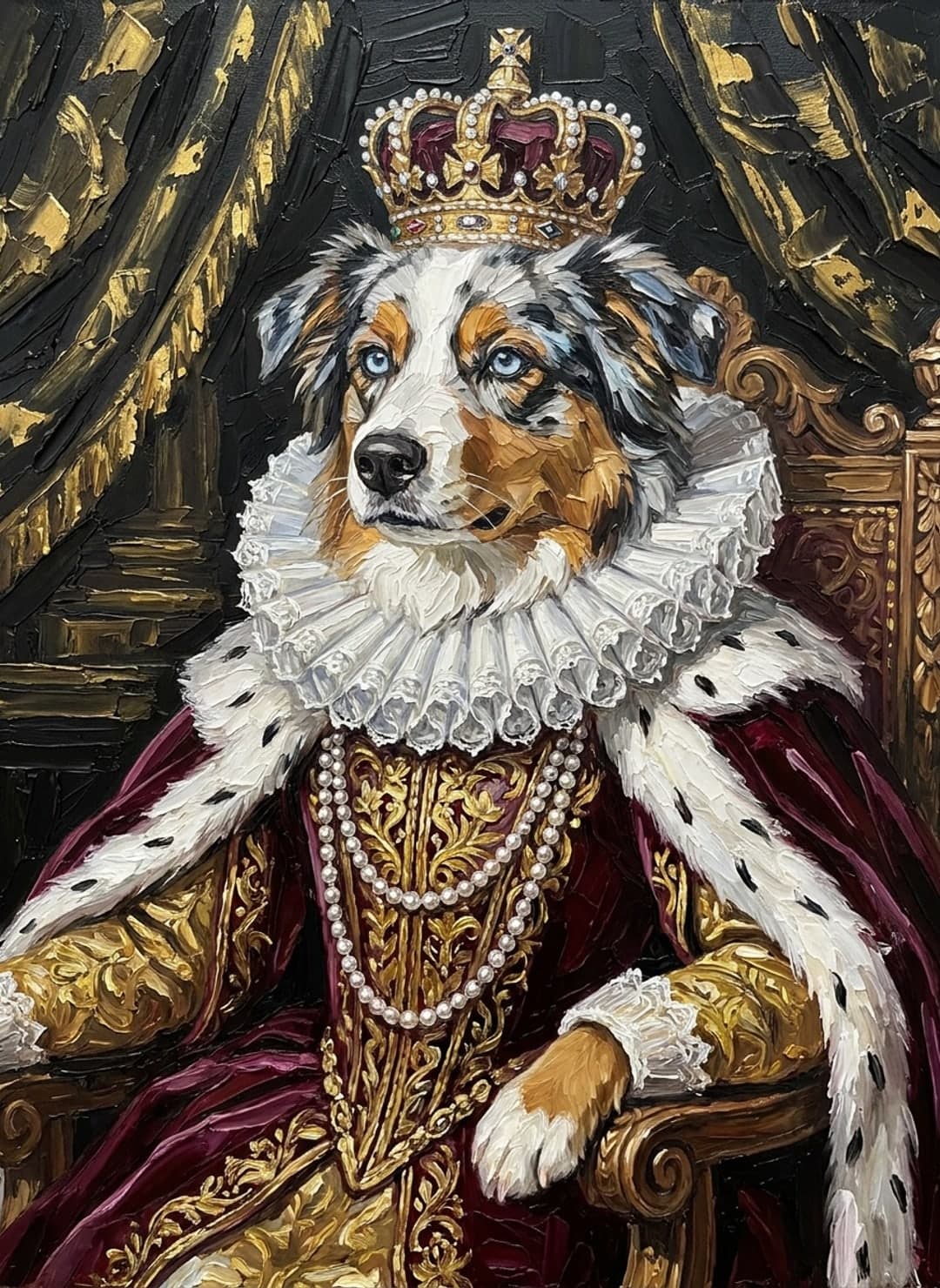 Berger australien bleu merle aux yeux bleus en roi Renaissance, couronne et manteau d’hermine