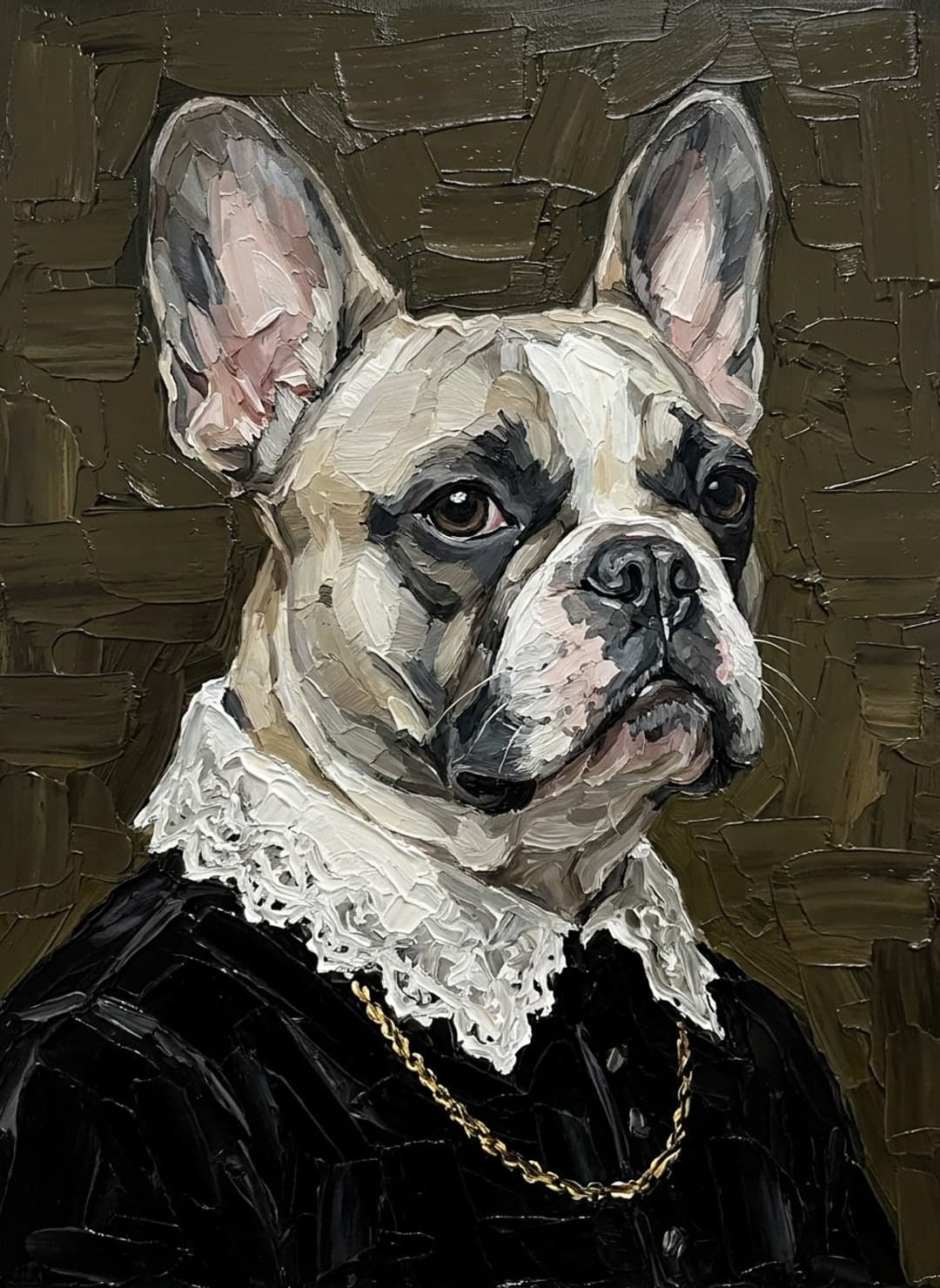 Bouledogue français en portrait flamand, fraise de dentelle blanche et habit de velours noir