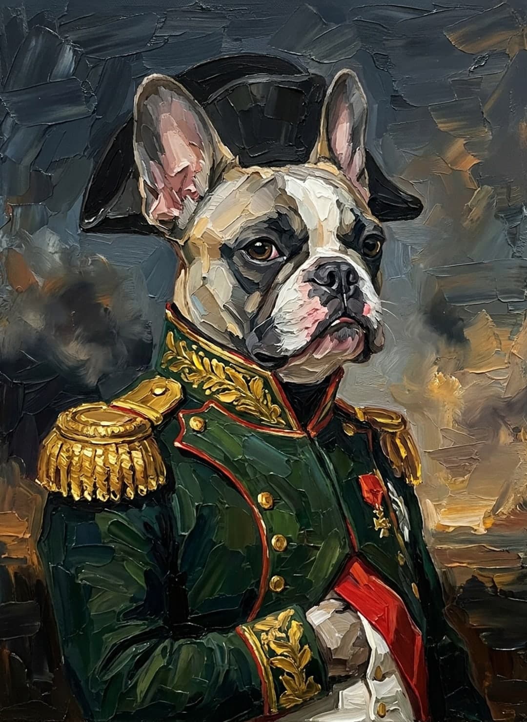Bouledogue français fauve et blanc en Napoléon, bicorne noir, habit vert brodé d’or et écharpe rouge