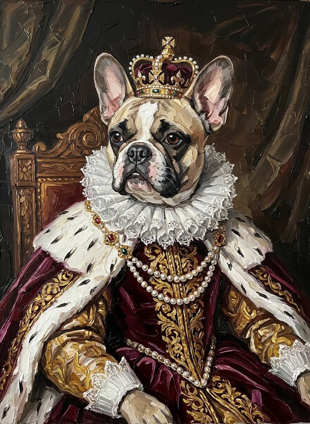 Bouledogue français couronné en roi Renaissance, assis sur un trône, manteau d’hermine
