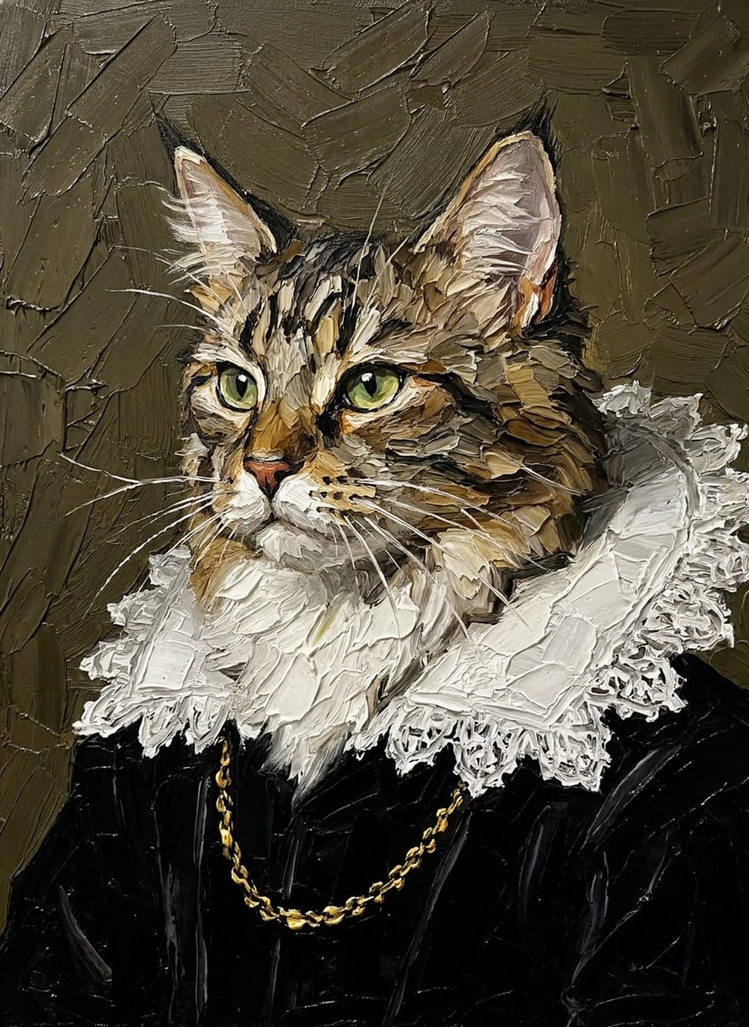 Maine coon aux plumets sur les oreilles en portrait flamand, col de dentelle blanche