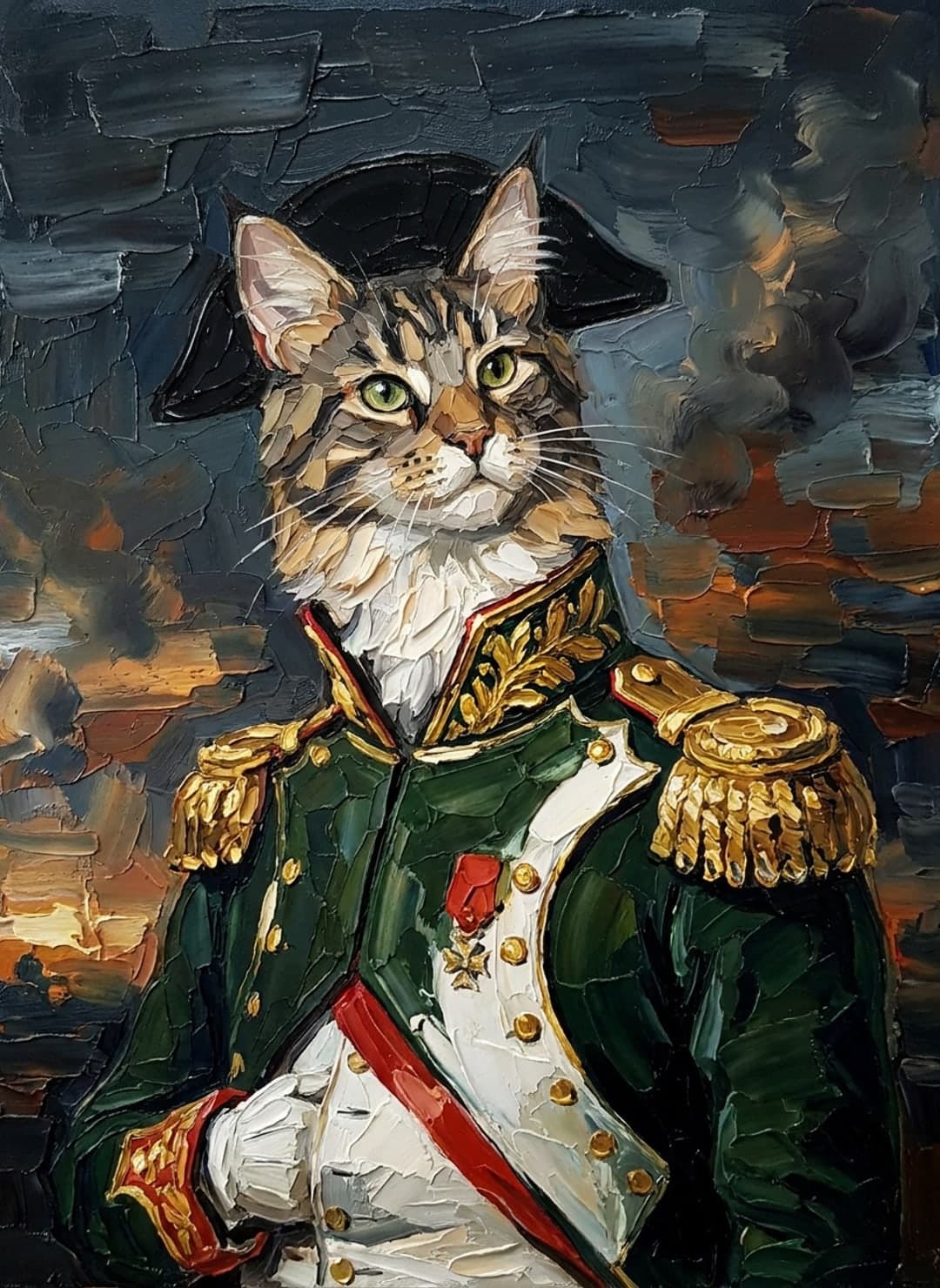 Maine coon tabby brun en Napoléon, bicorne noir et épaulettes d’or
