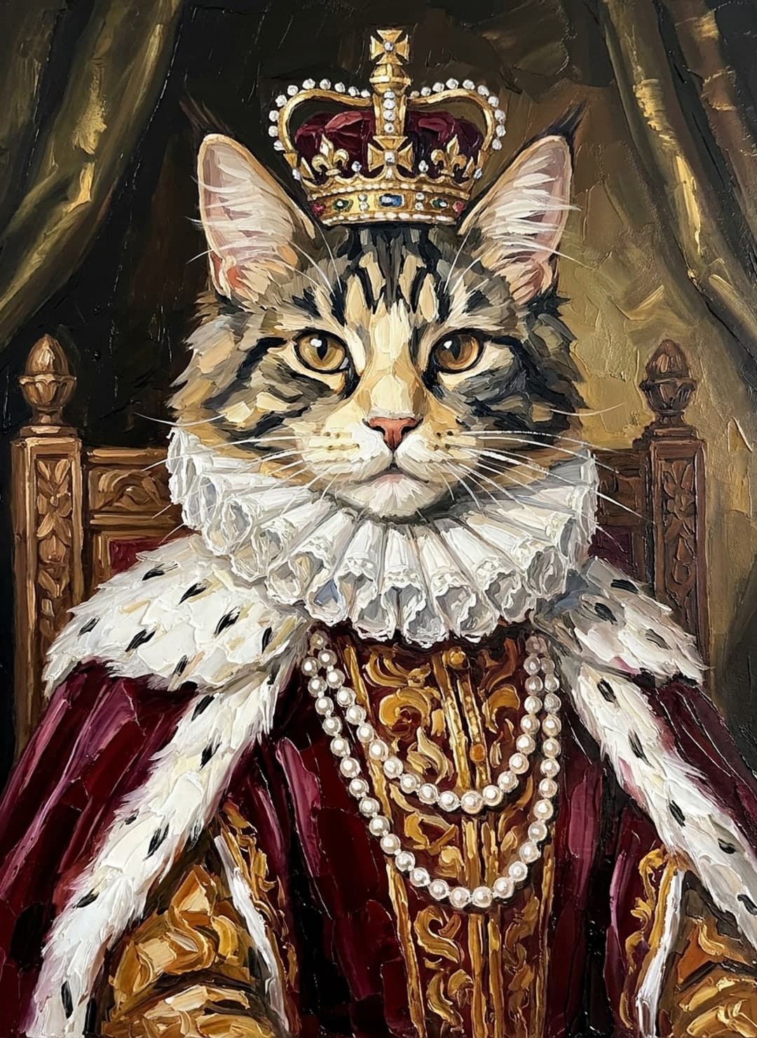 Maine coon en reine Renaissance, couronne d’or et perles
