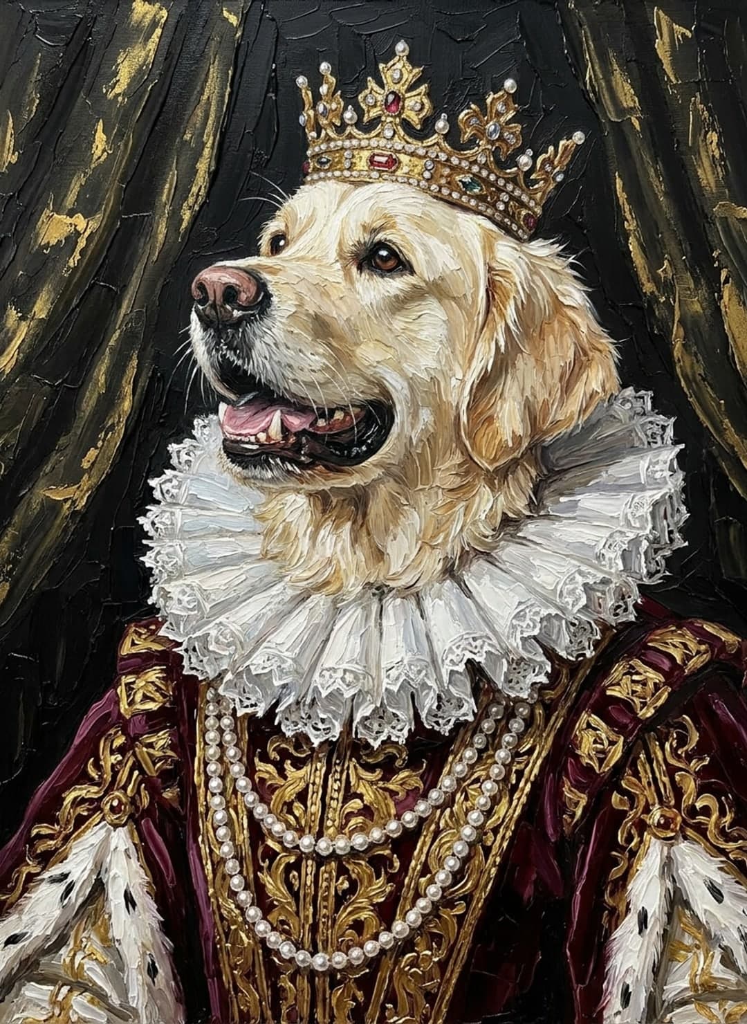 Labrador sable en roi Renaissance, fraise de dentelle et rangs de perles