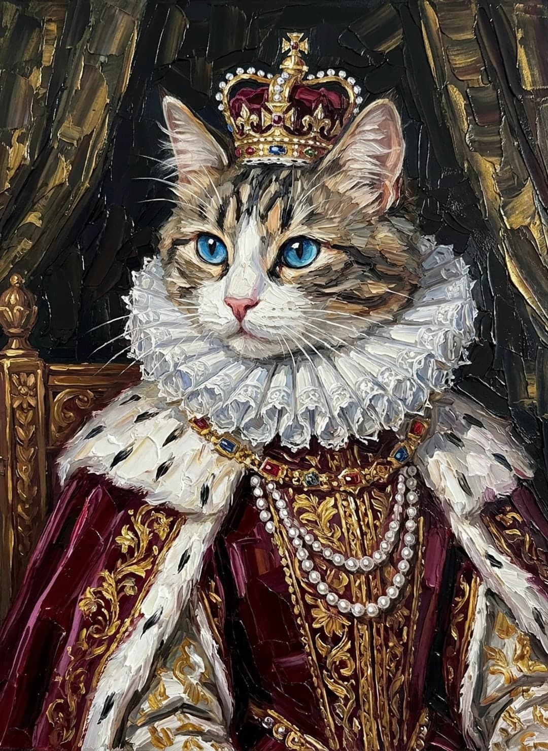Chat tigré et blanc aux yeux bleus en reine Renaissance devant un drapé sombre