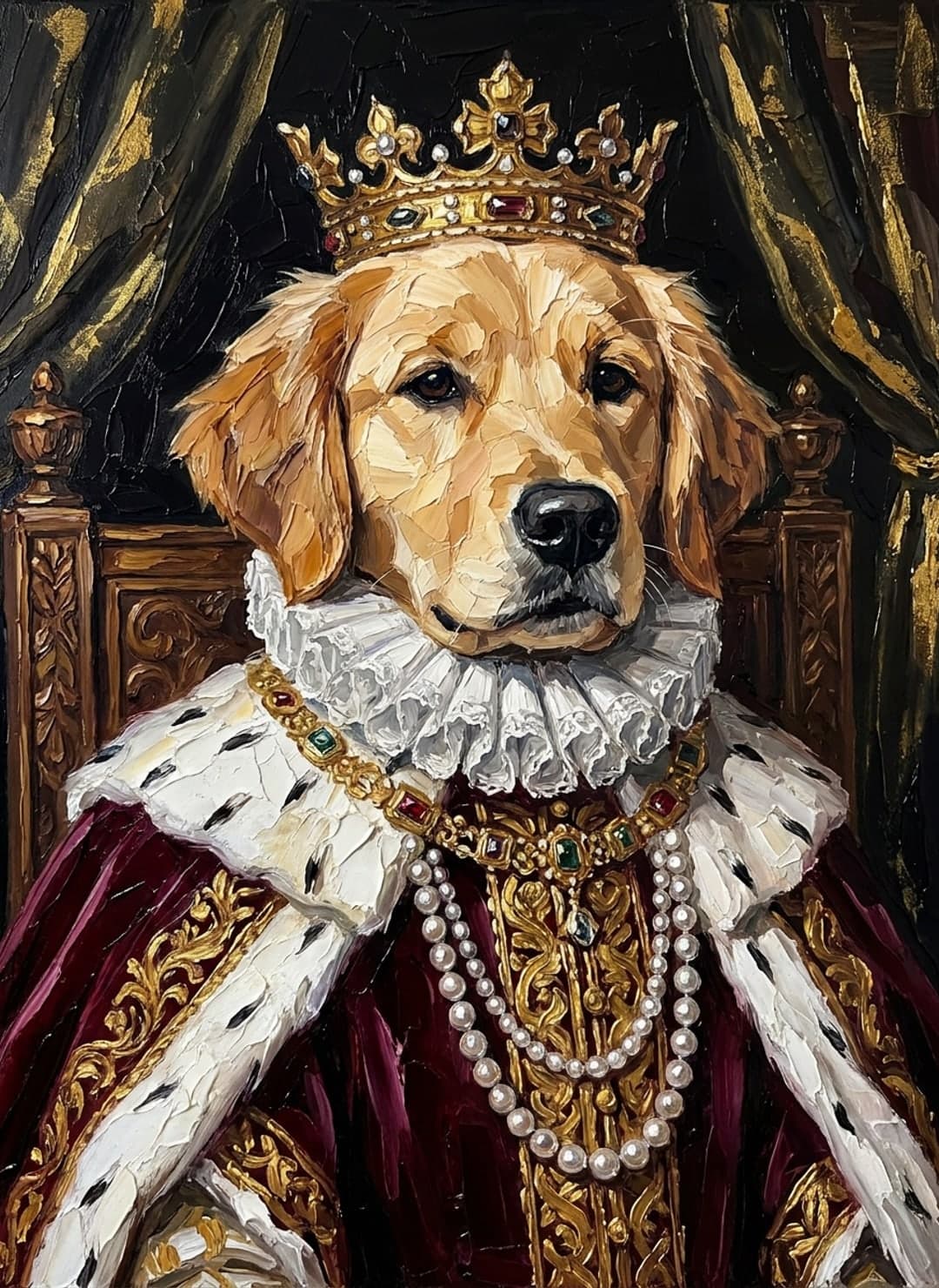 Golden retriever couronné en roi Renaissance sur fond de rideau vert