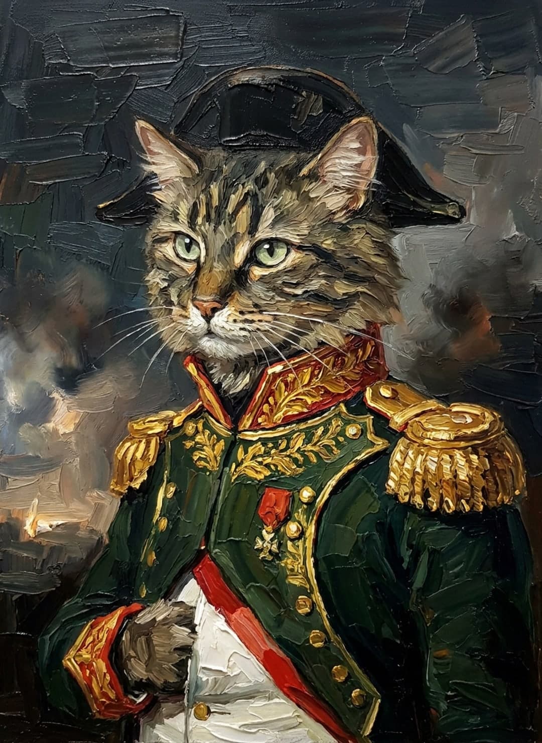 Chat tigré brun aux yeux verts en Napoléon, bicorne et habit vert brodé d’or