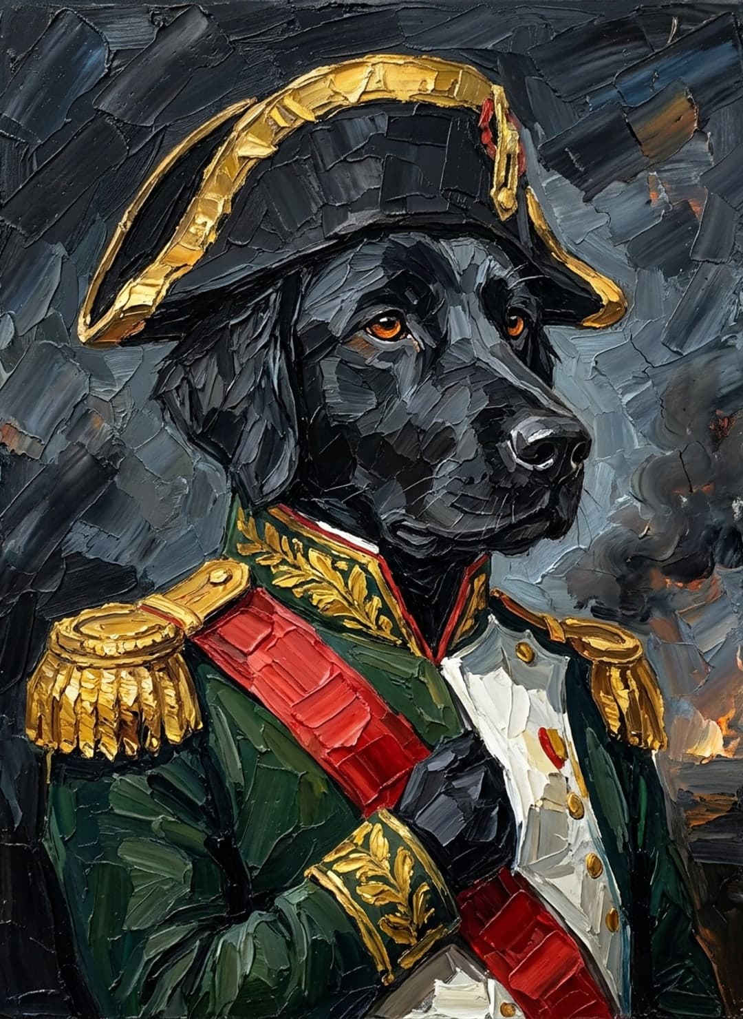 Chien noir en maréchal d’Empire sous un ciel d’orage