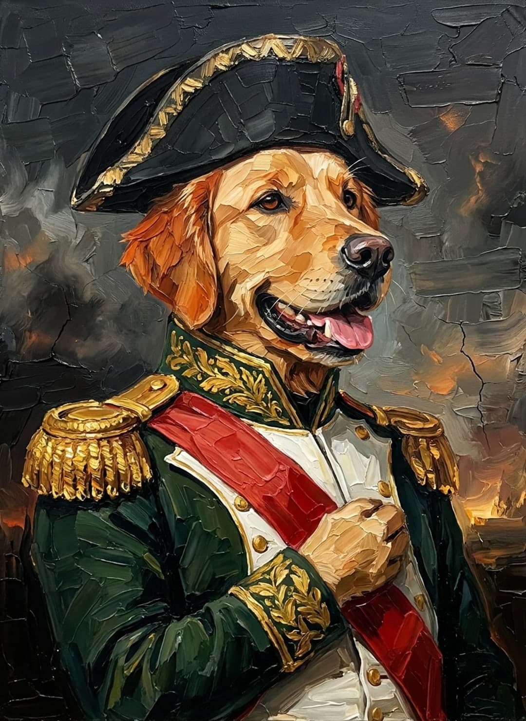 Golden retriever de profil en Napoléon, bicorne noir et décorations
