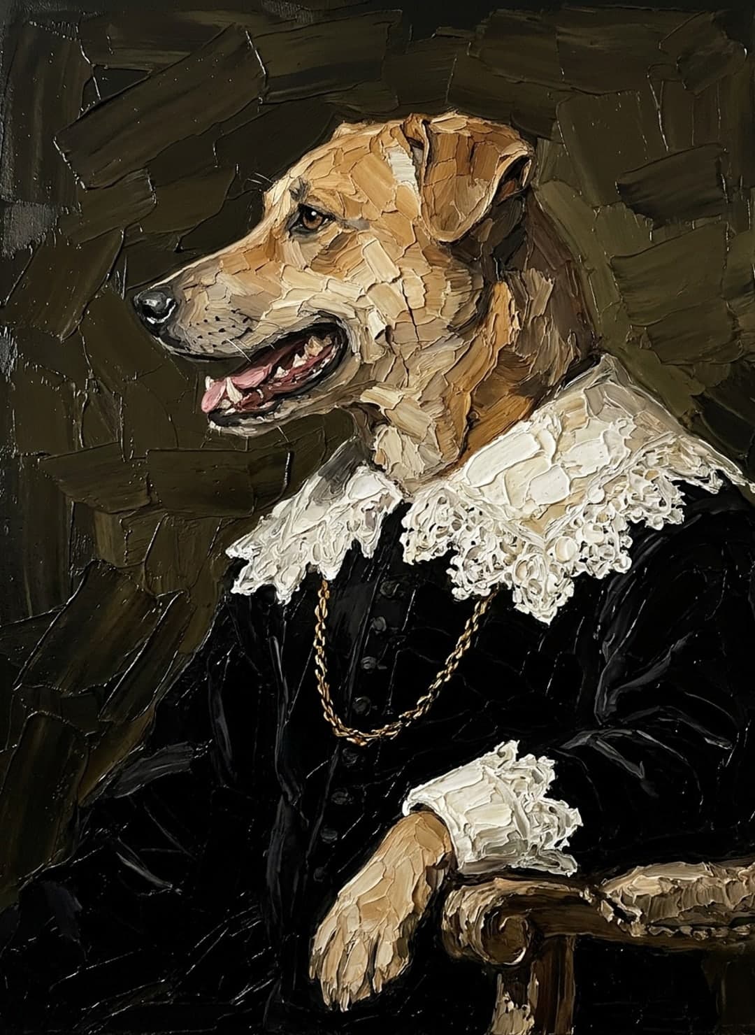 Chien en habit de velours noir et chaîne d’or, clair-obscur