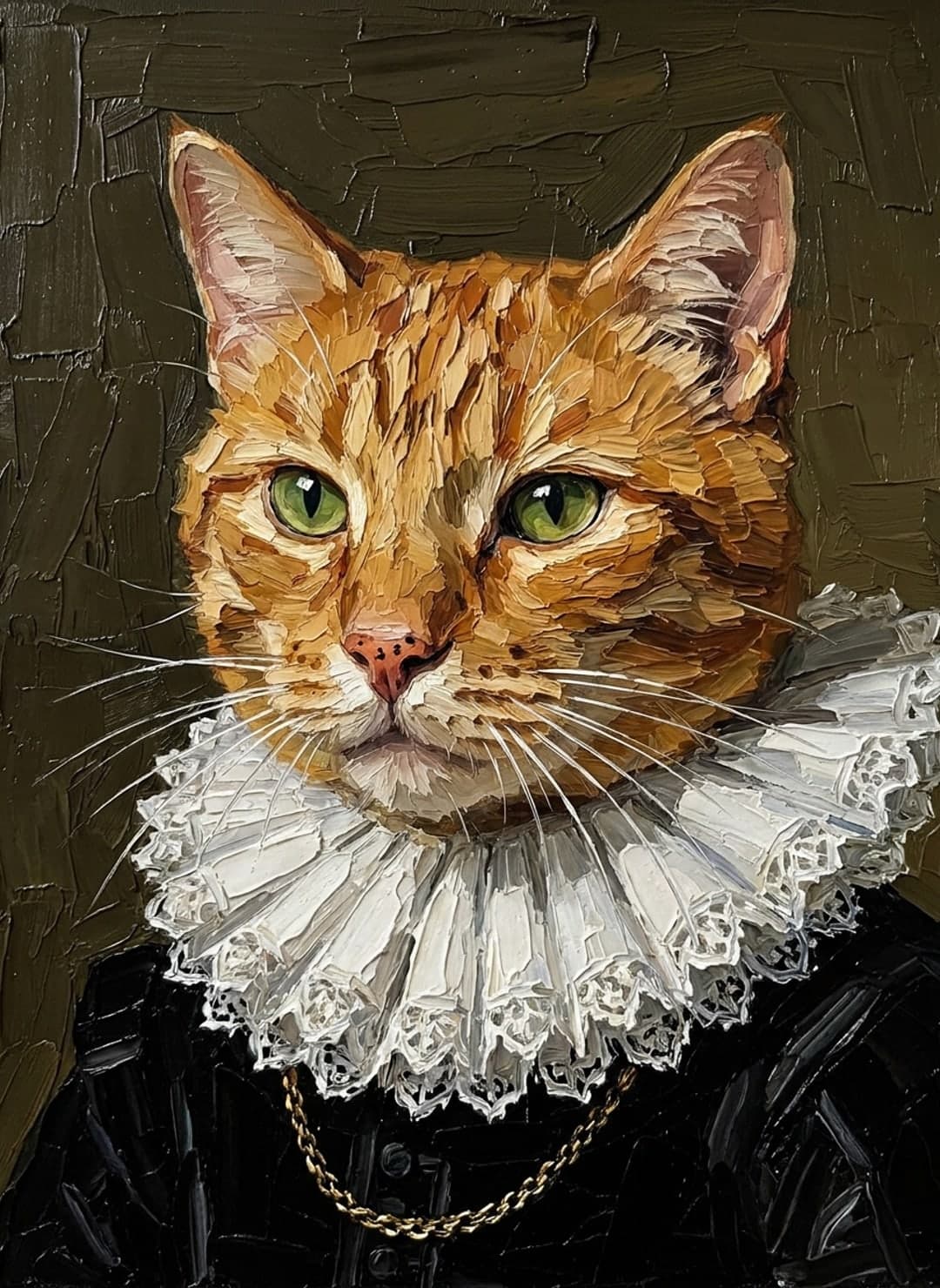 Portrait de chat roux façon maître flamand, col de dentelle