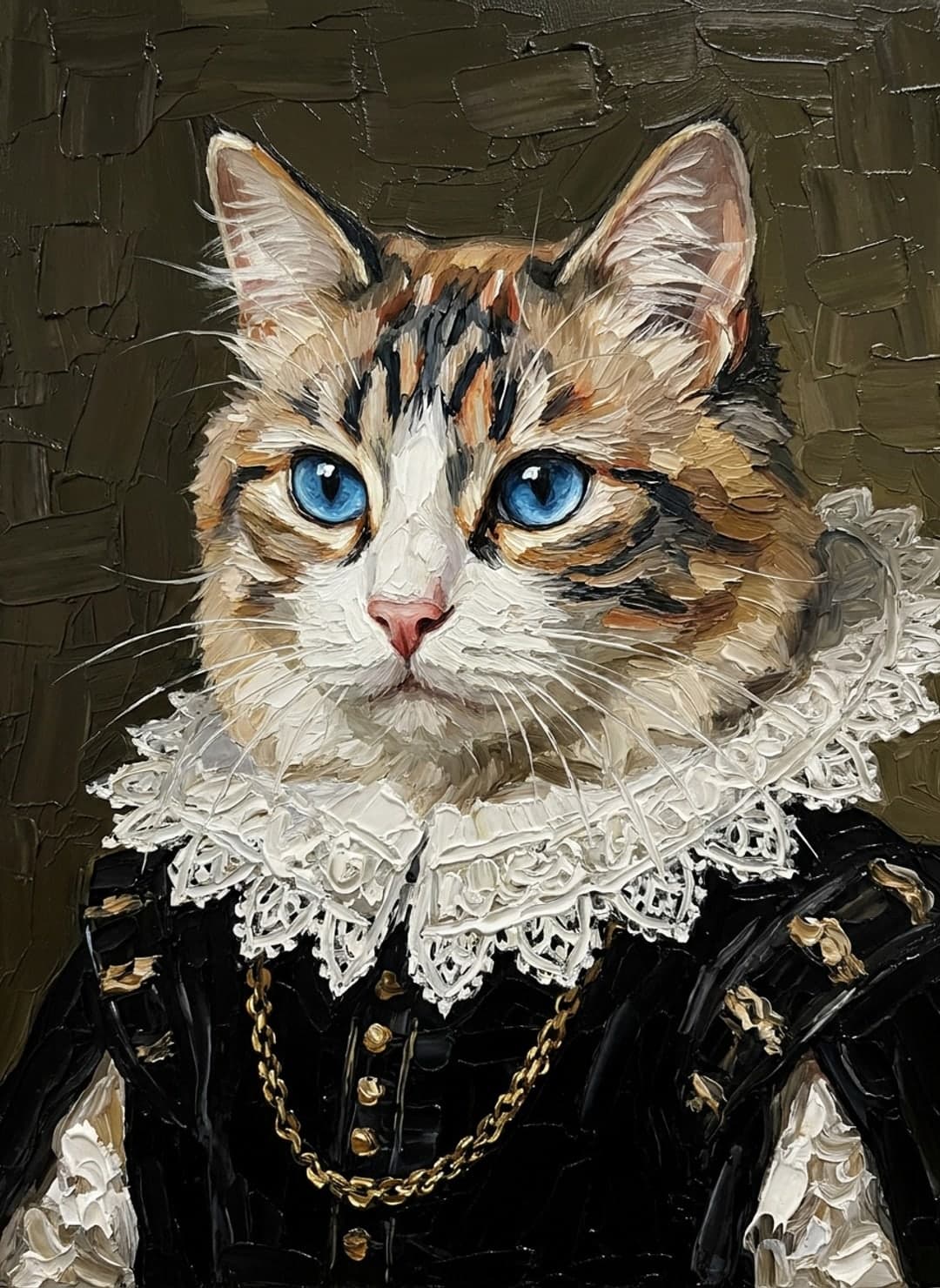 Chat tigré aux yeux bleus en portrait flamand, fraise de dentelle et velours noir