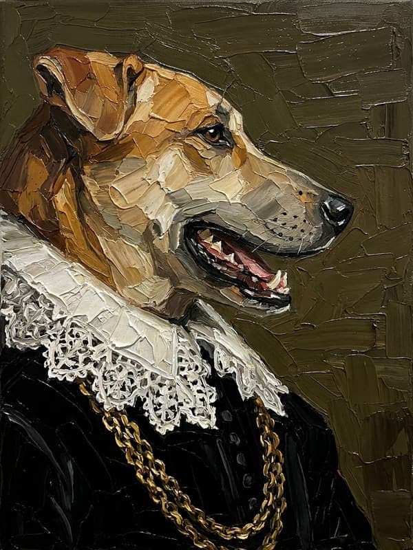 Portrait de chien façon maître flamand, col de dentelle