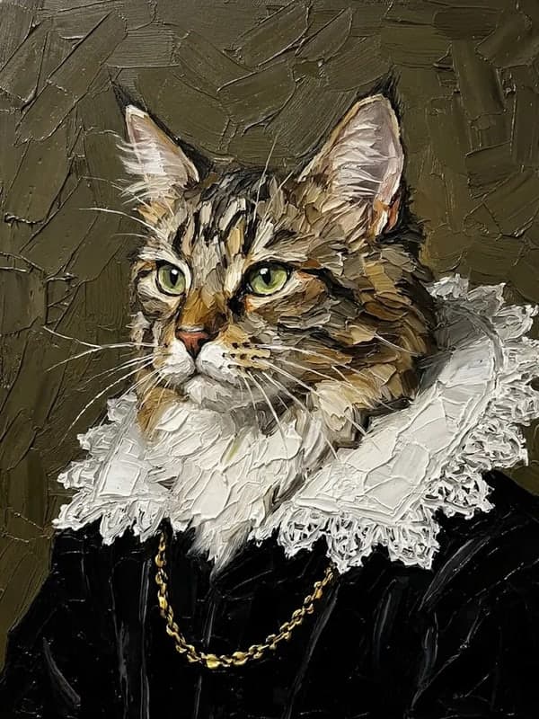 Chat tigré aux yeux verts en portrait flamand, fraise de dentelle blanche, velours noir et chaîne d’or