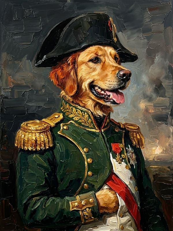 Portrait de golden retriever en commandant d’Empire, bicorne et épaulettes