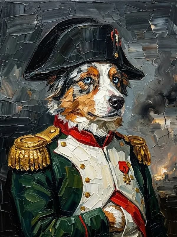 Berger australien tricolore aux yeux bleus en commandant d’Empire, bicorne noir, habit vert et épaulettes d’or, peinture au couteau