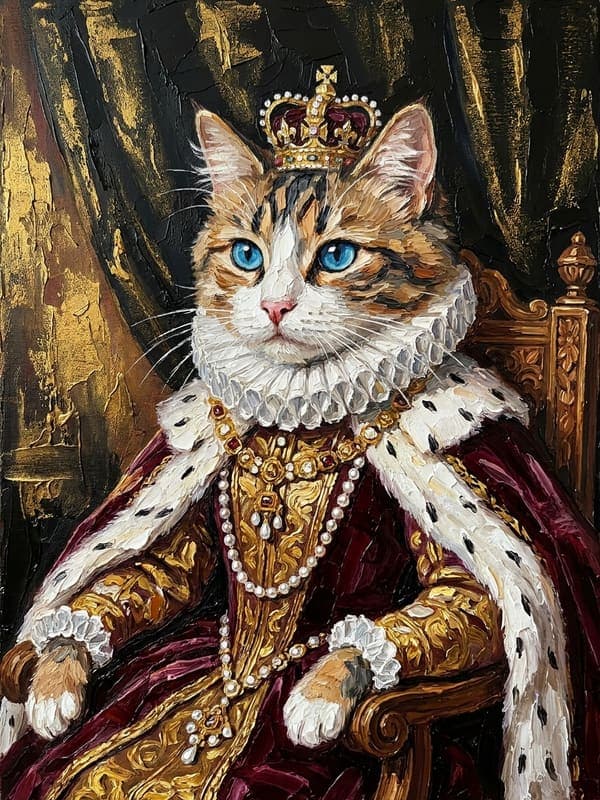 Chat tigré et blanc aux yeux bleus en reine Renaissance, couronne d’or et manteau d’hermine