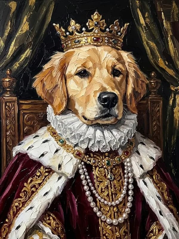 Golden retriever couronné en roi Renaissance, fraise de dentelle, manteau d’hermine et rangs de perles, peinture au couteau